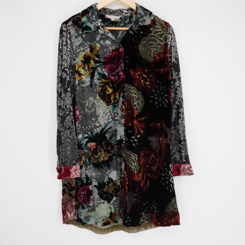 John Mark Velvet Burnout Tunic Top S Floral Mixed Print Button Front Boho